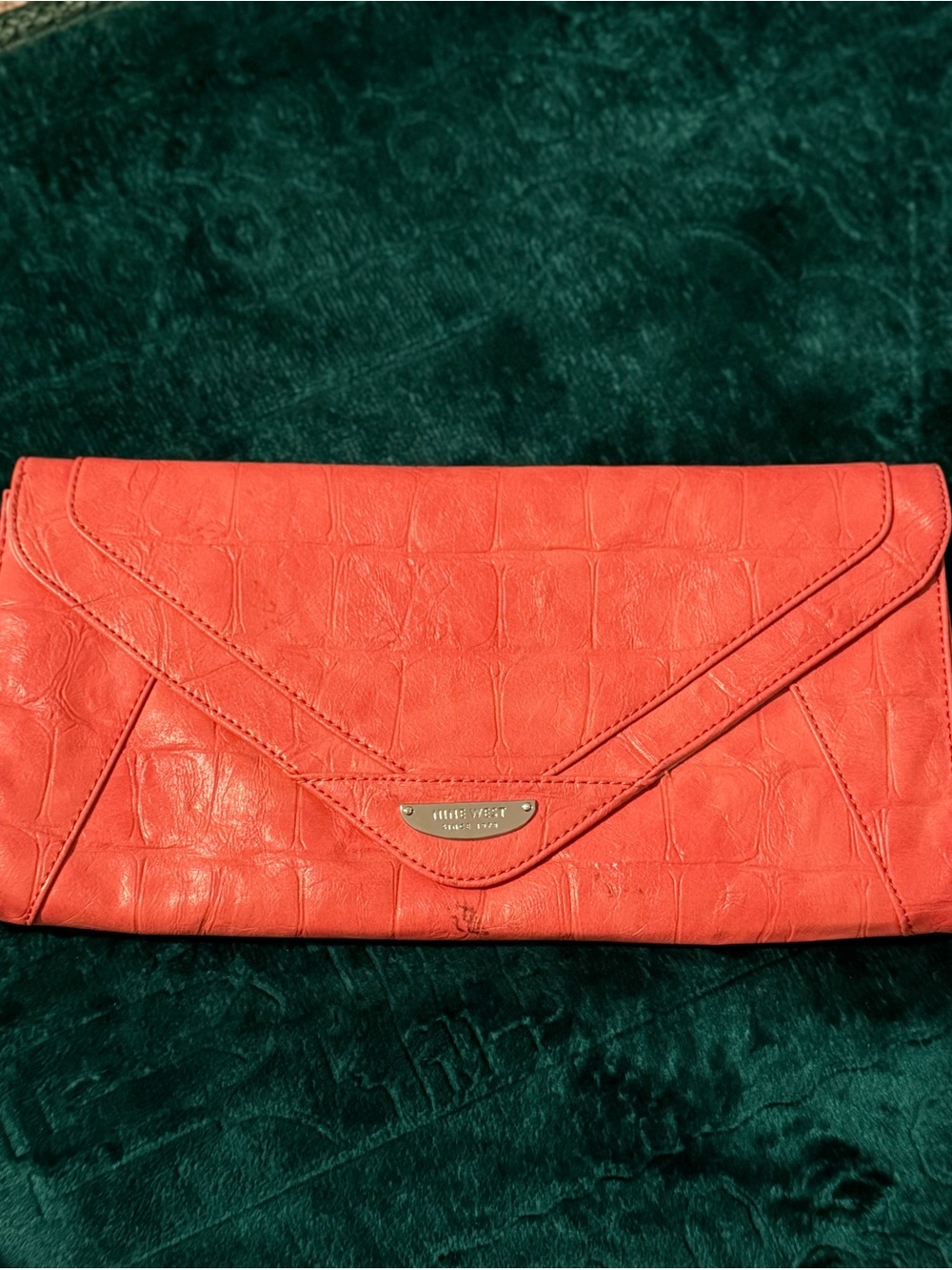 Nine West Coral Pink Croc Embossed Envelope Clutch Bag Silver Logo Plaque